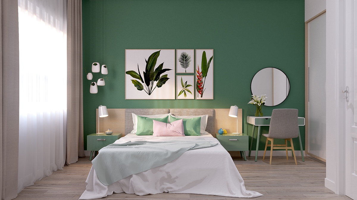 Зеленая стена в спальне Скандинавский стиль